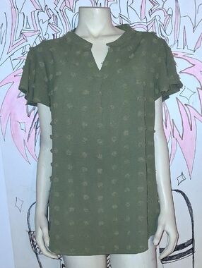 Olive Green Short Sleeve Textured V-Notch Women's Blouse